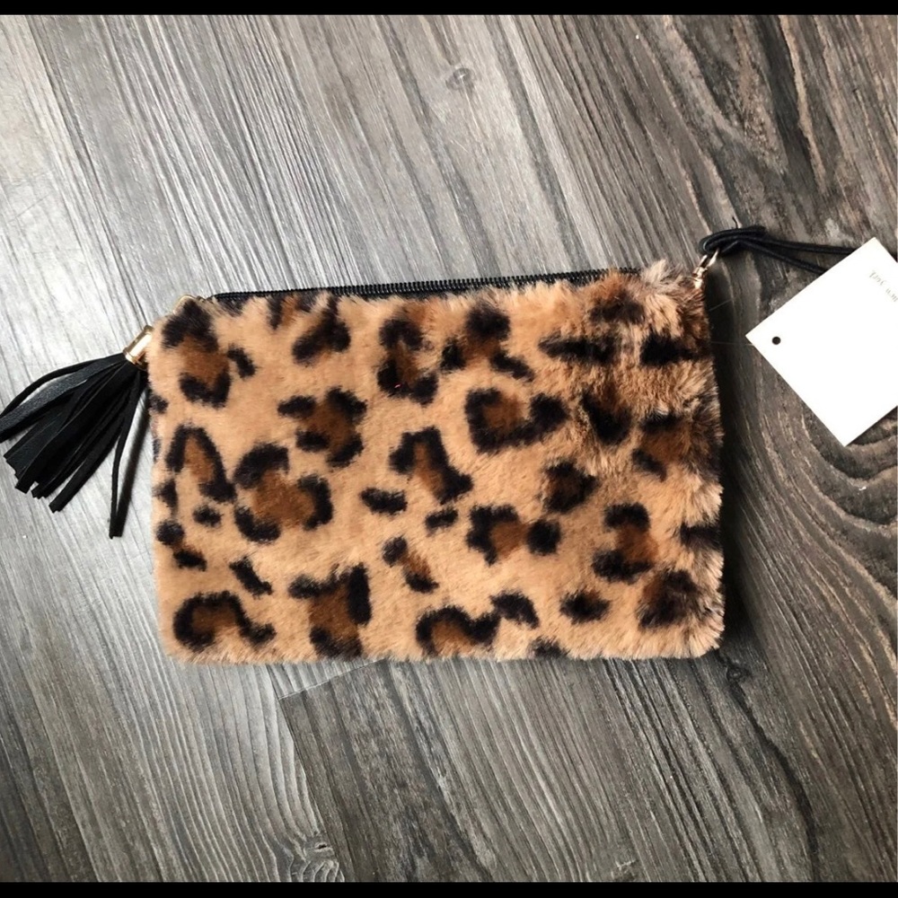 L.I.B. NY Faux Fur Leopard Tassle Clutch